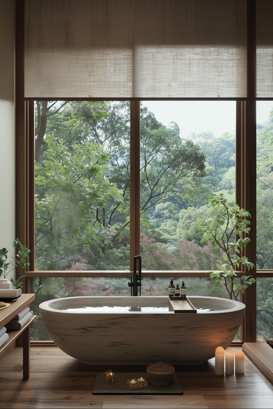Japandi bathroom with a serene bathtub area