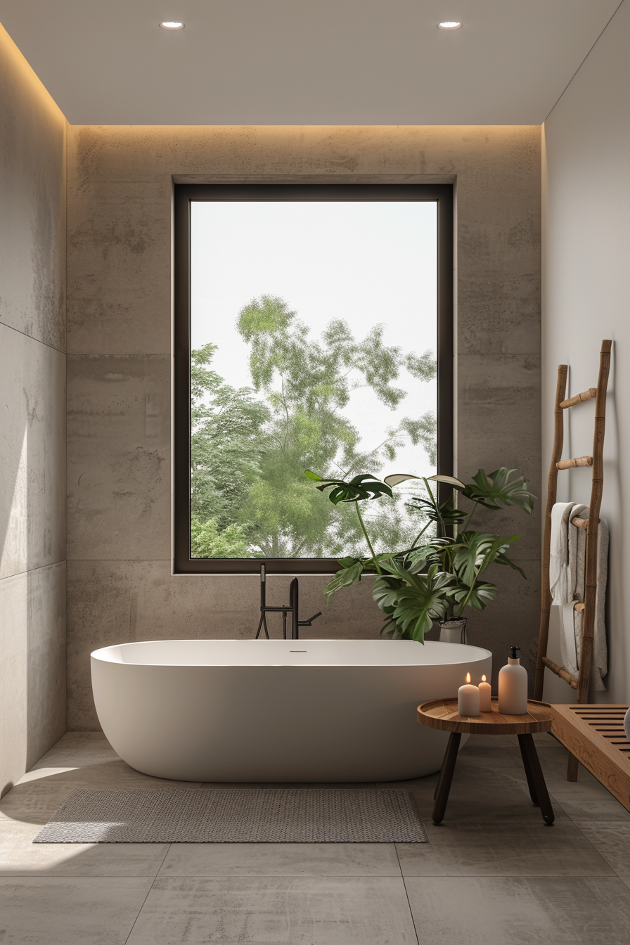 Freestanding tub near a window with natural light