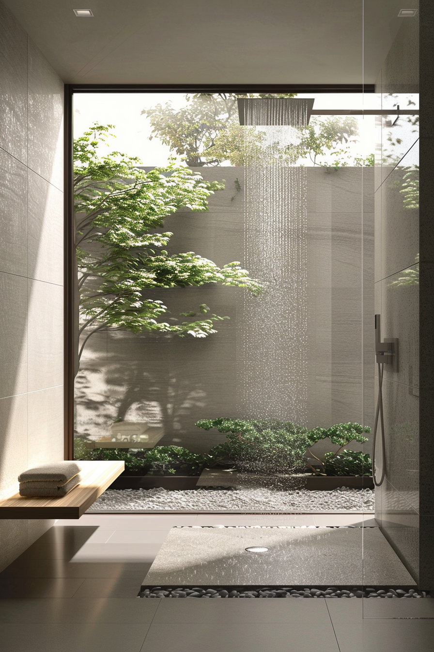 Walk-in shower with clear glass panels and rain shower head