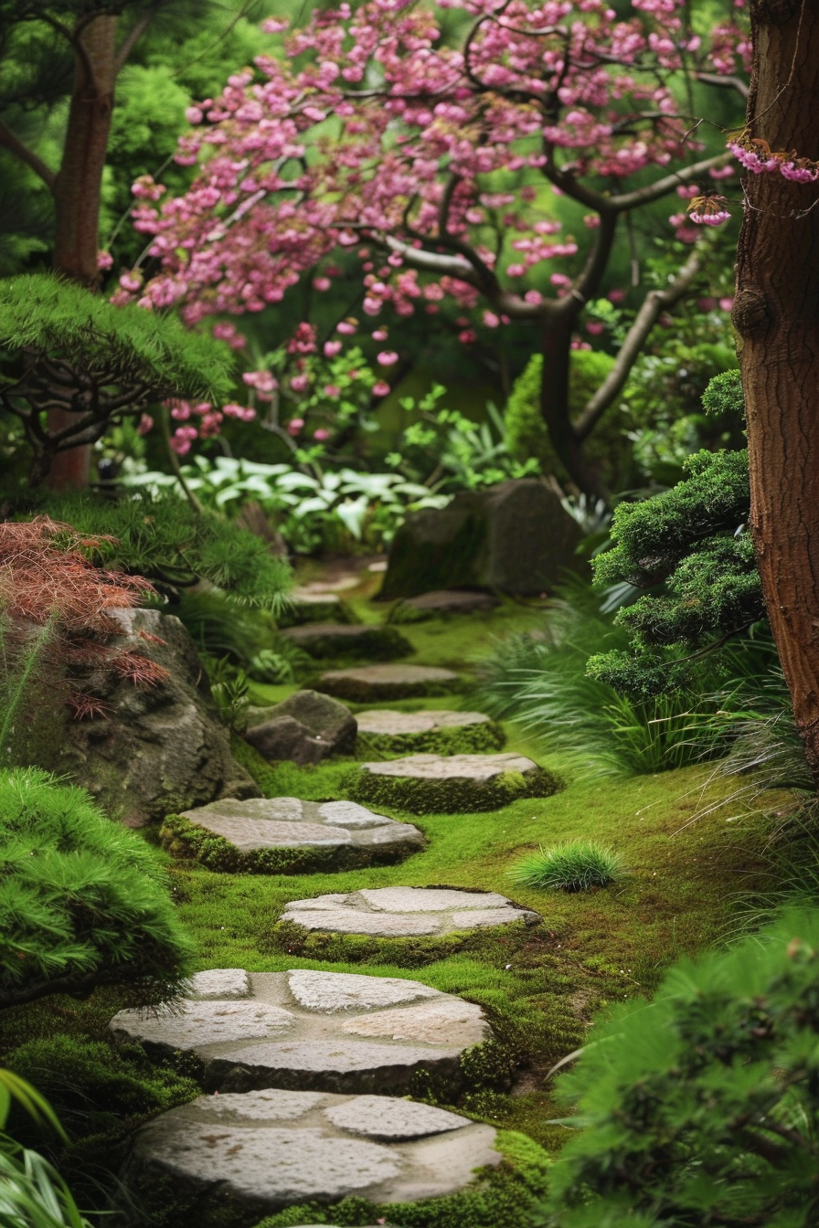 Japanese garden with natural pathways