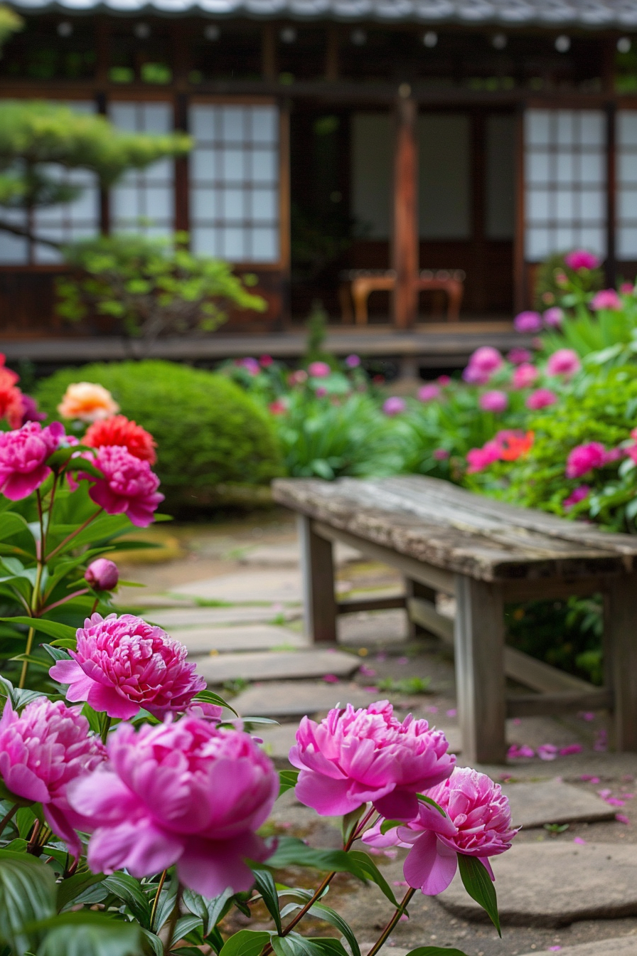 Courtyard with peonies and chrysanthemums