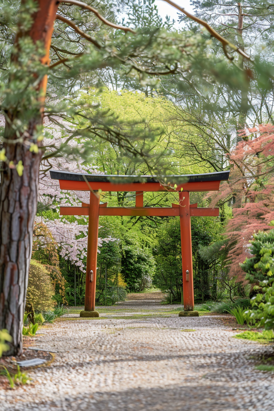 Traditional Torii gate with cherry blossoms and pine trees