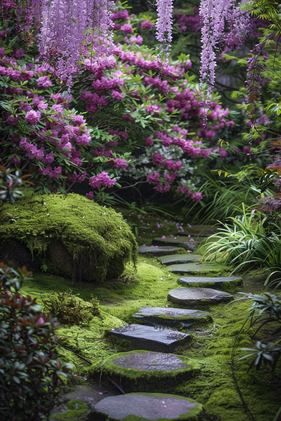 Serene moss garden with wisteria and azaleas