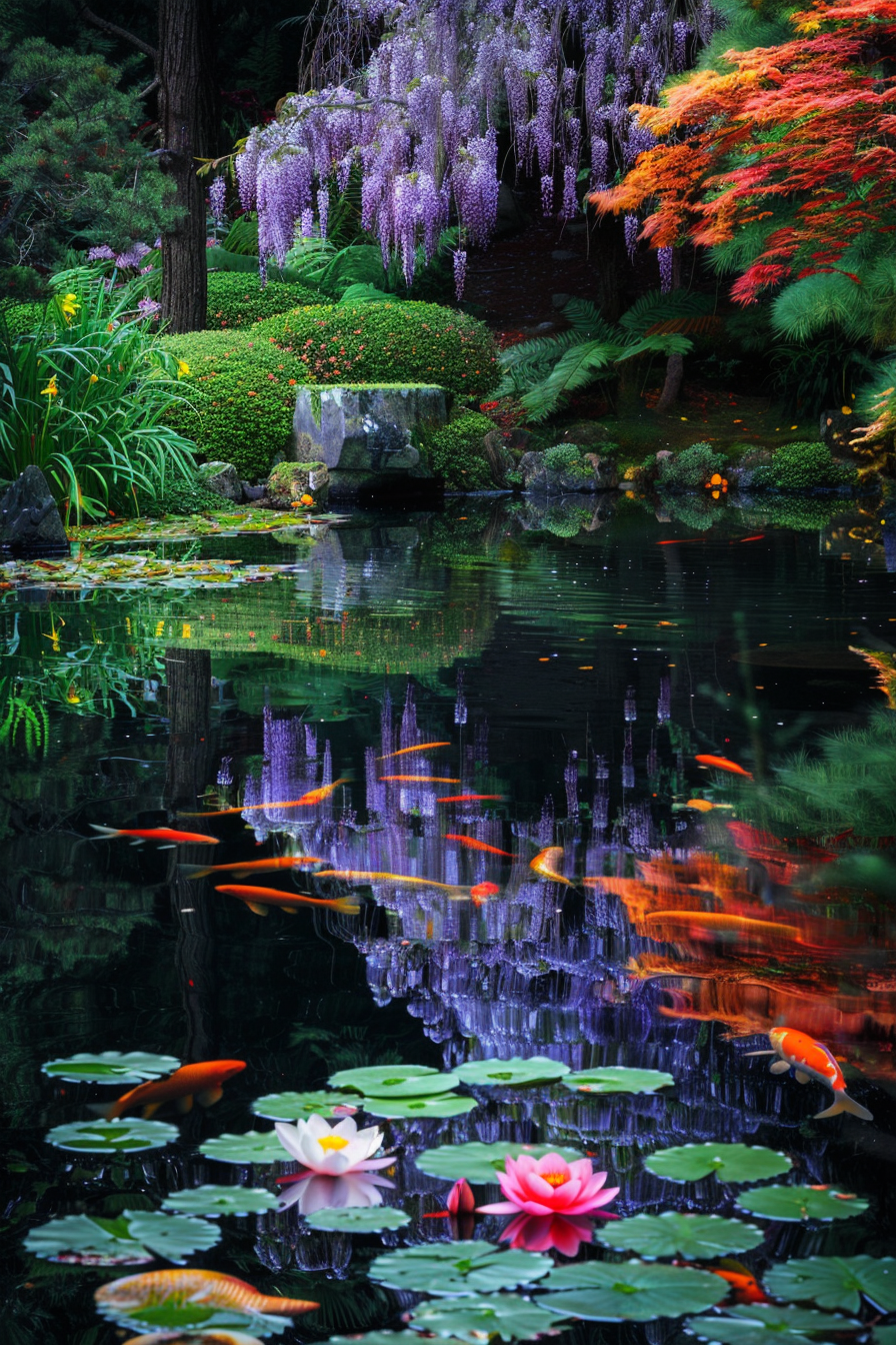 Floating lotus flowers in a Japanese pond