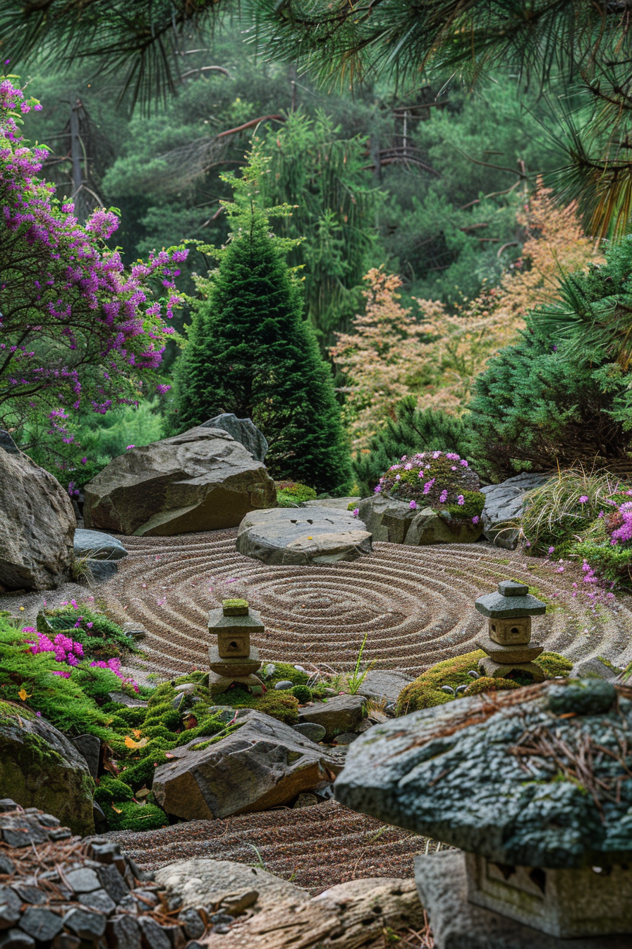 Zen rock garden with azaleas and pine trees