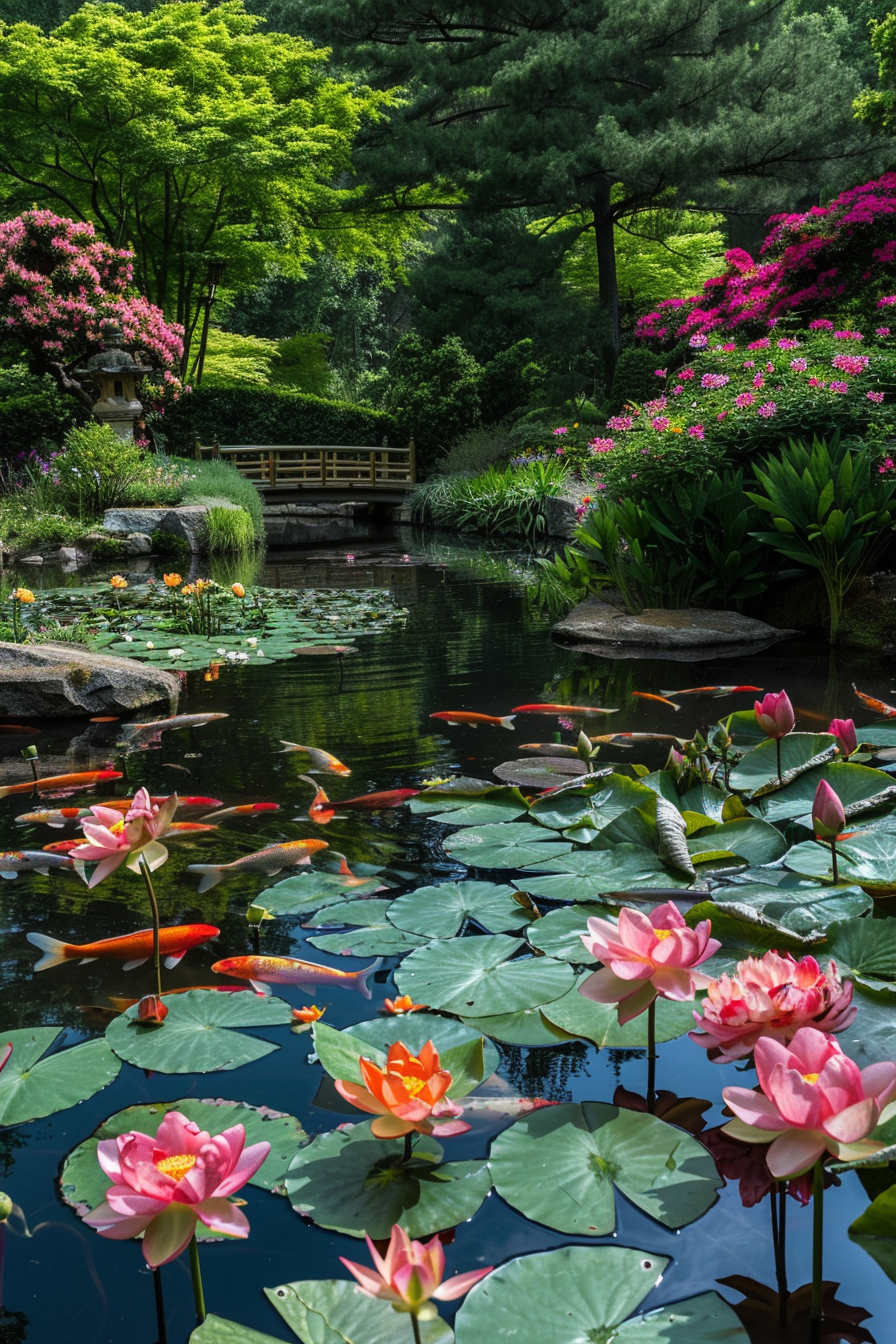 Japanese garden pond with lotus and irises