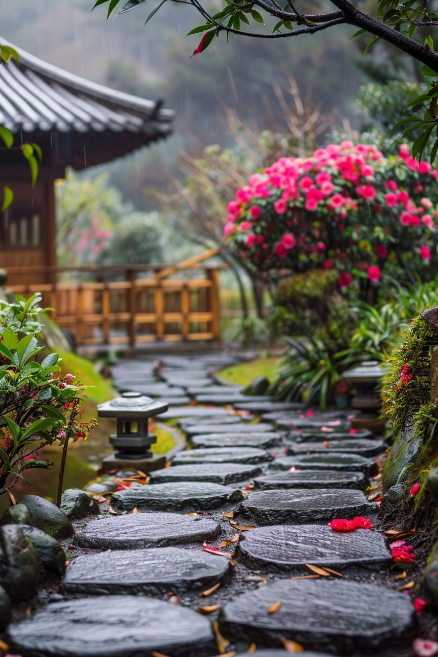Tea garden with stepping stones and camellias