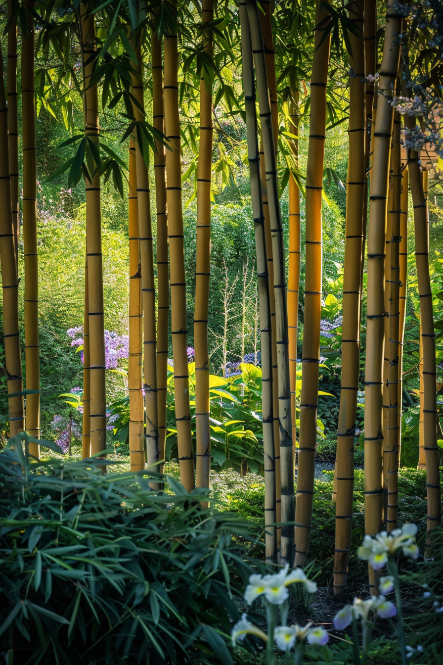 Shaded bamboo grove with wisteria and plum blossoms