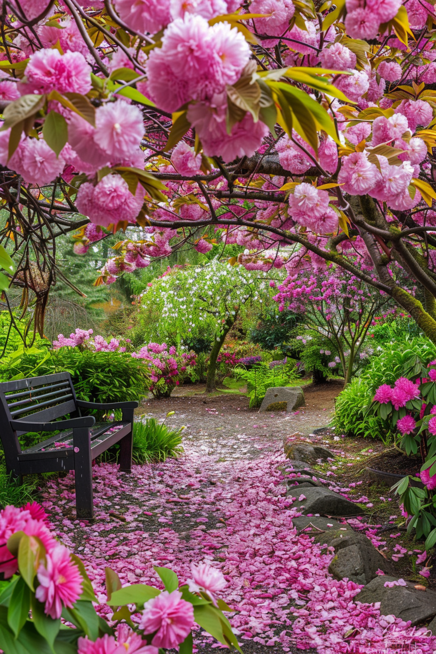 Cherry blossom garden with peonies and azaleas