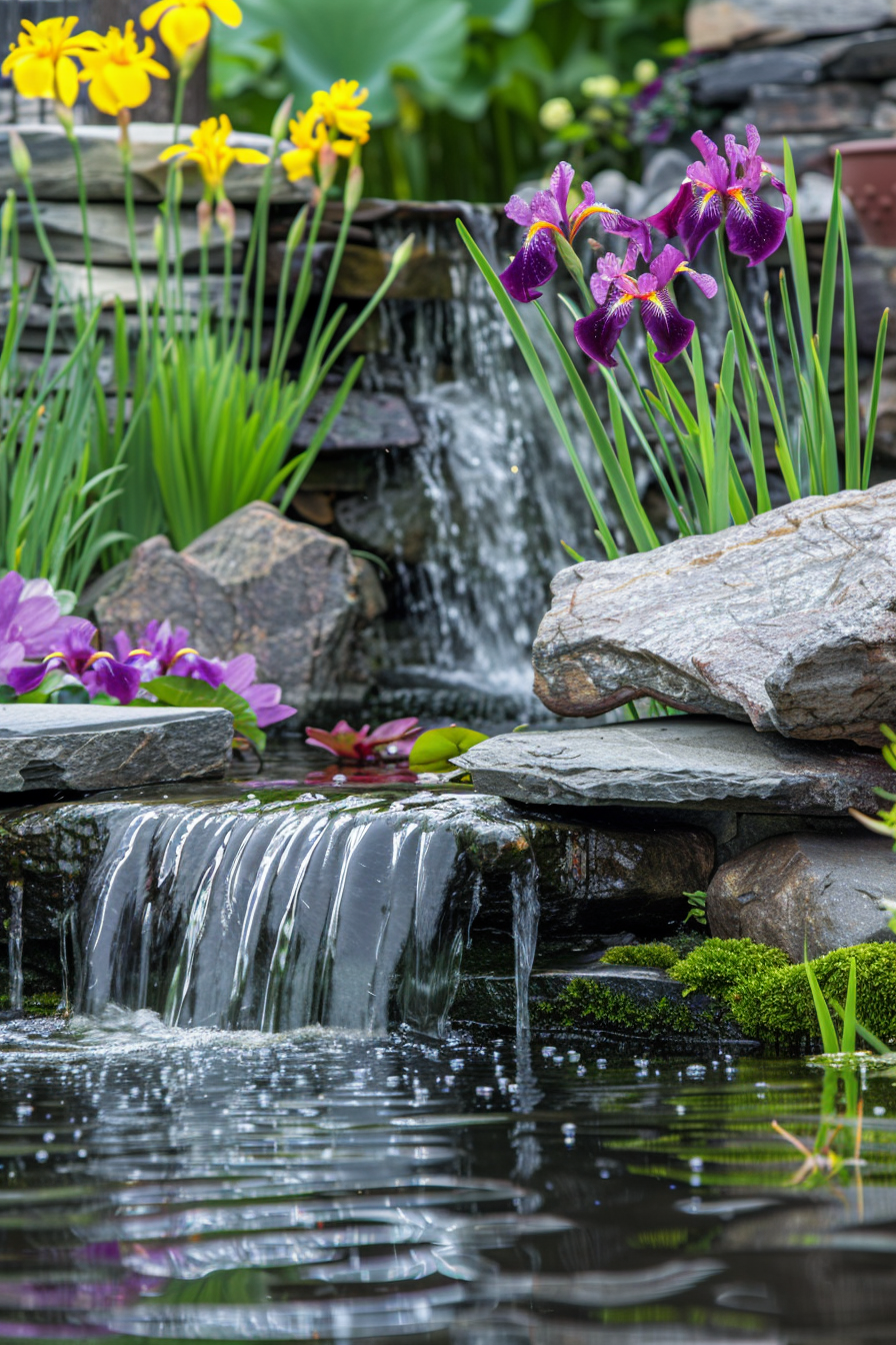 Japanese garden with a tranquil waterfall and lotus