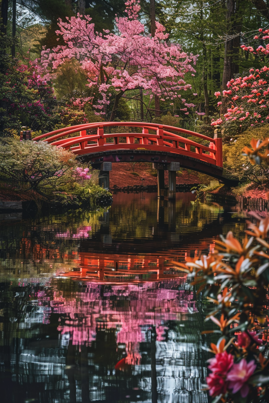 Elegant arch bridge with plum blossoms and camellias
