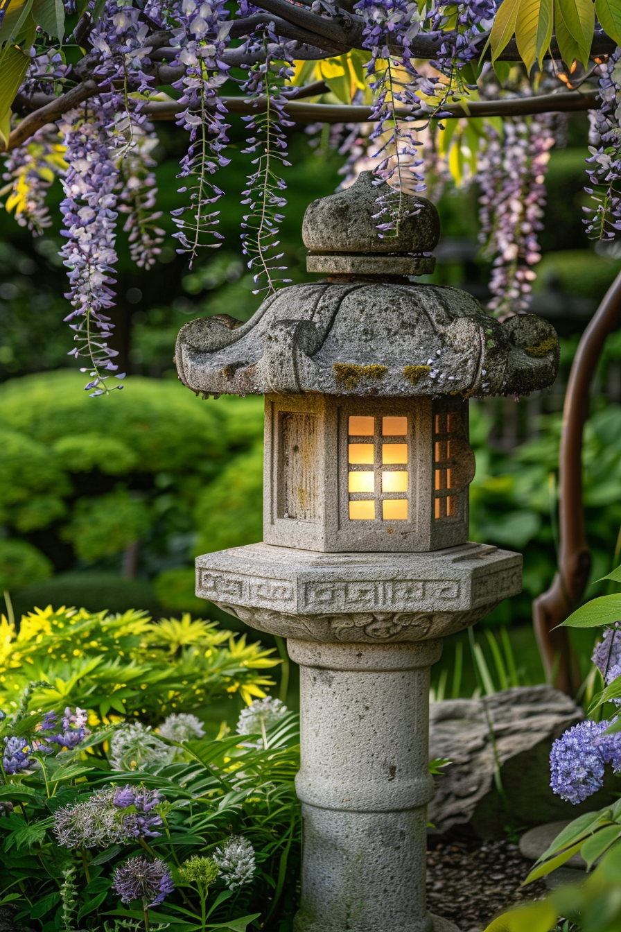 Japanese garden with a stone lantern among maples and hydrangeas
