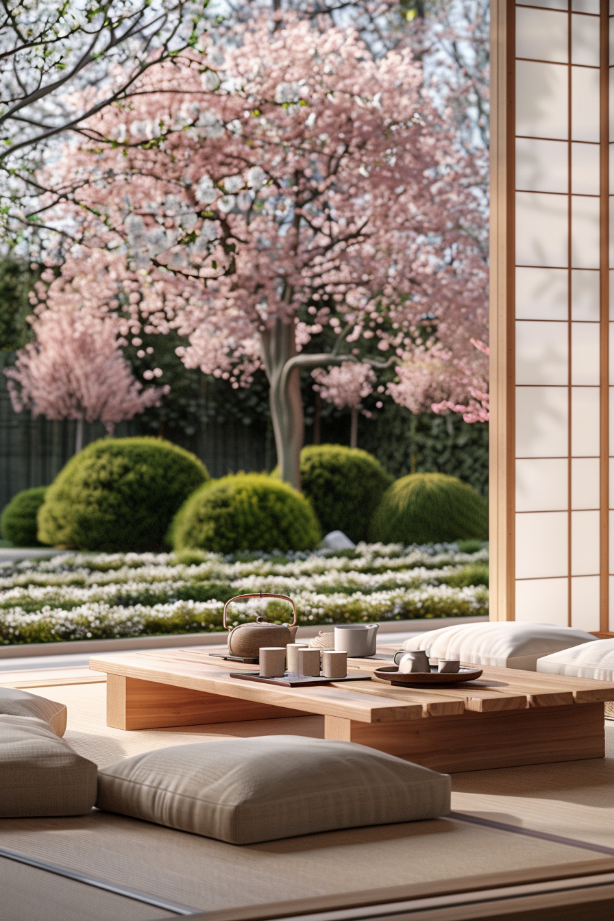 Minimalist Japanese-style reading nook with wooden seating and cherry blossoms