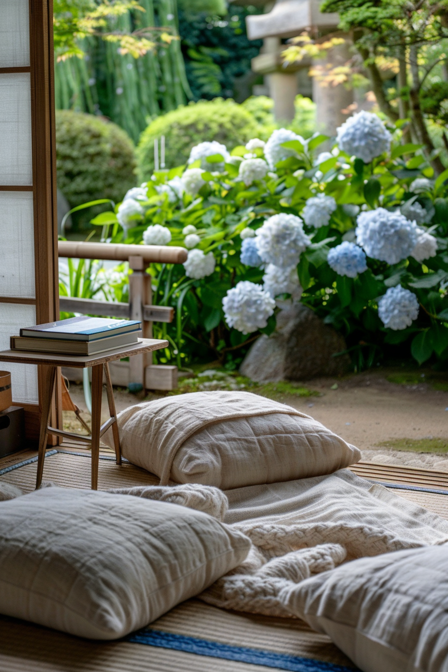 Japanese reading nook with soft floor cushions and a linen throw