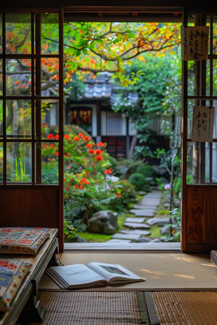 Japanese reading nook with traditional artwork and woodblock prints