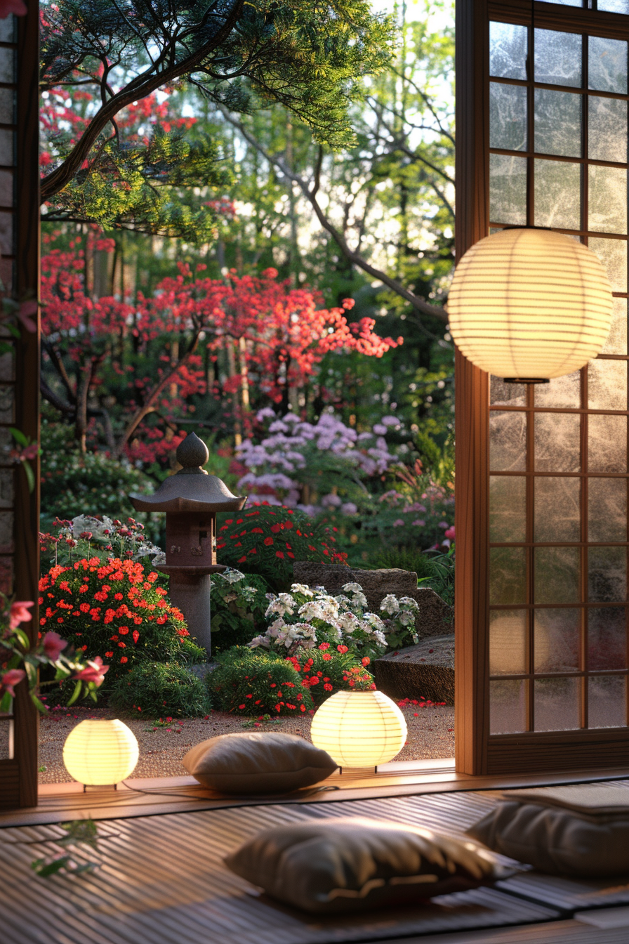 Japanese reading nook with layered lighting from paper lanterns and natural light