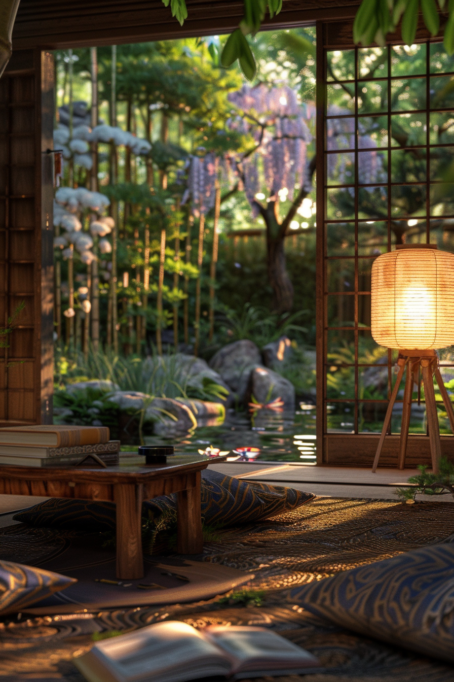 Japanese reading nook with tatami mats and zaisu chairs, overlooking a garden with wisteria