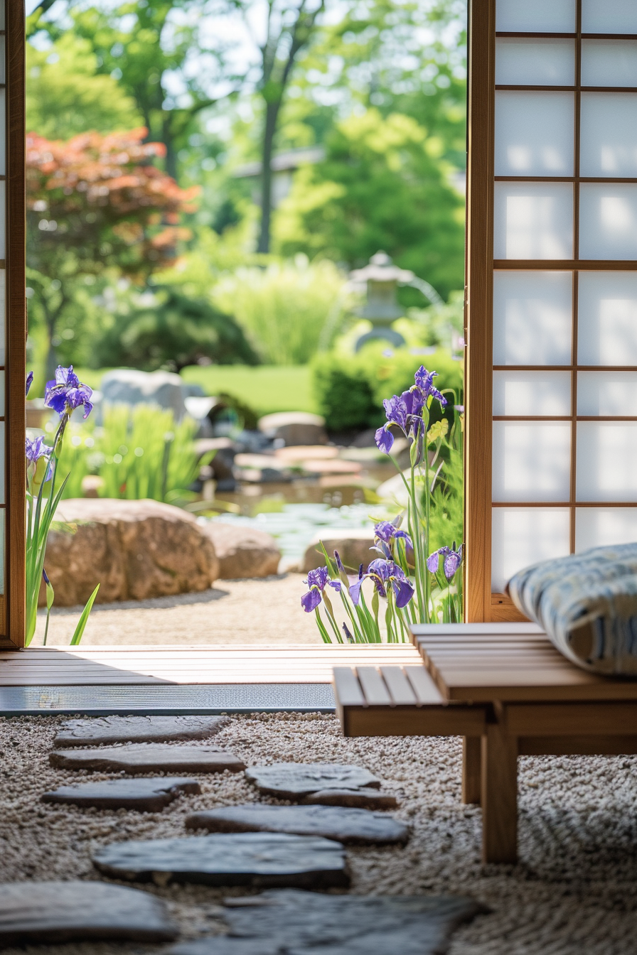 Japanese reading nook with sliding shoji screens and a garden view of iris flowers
