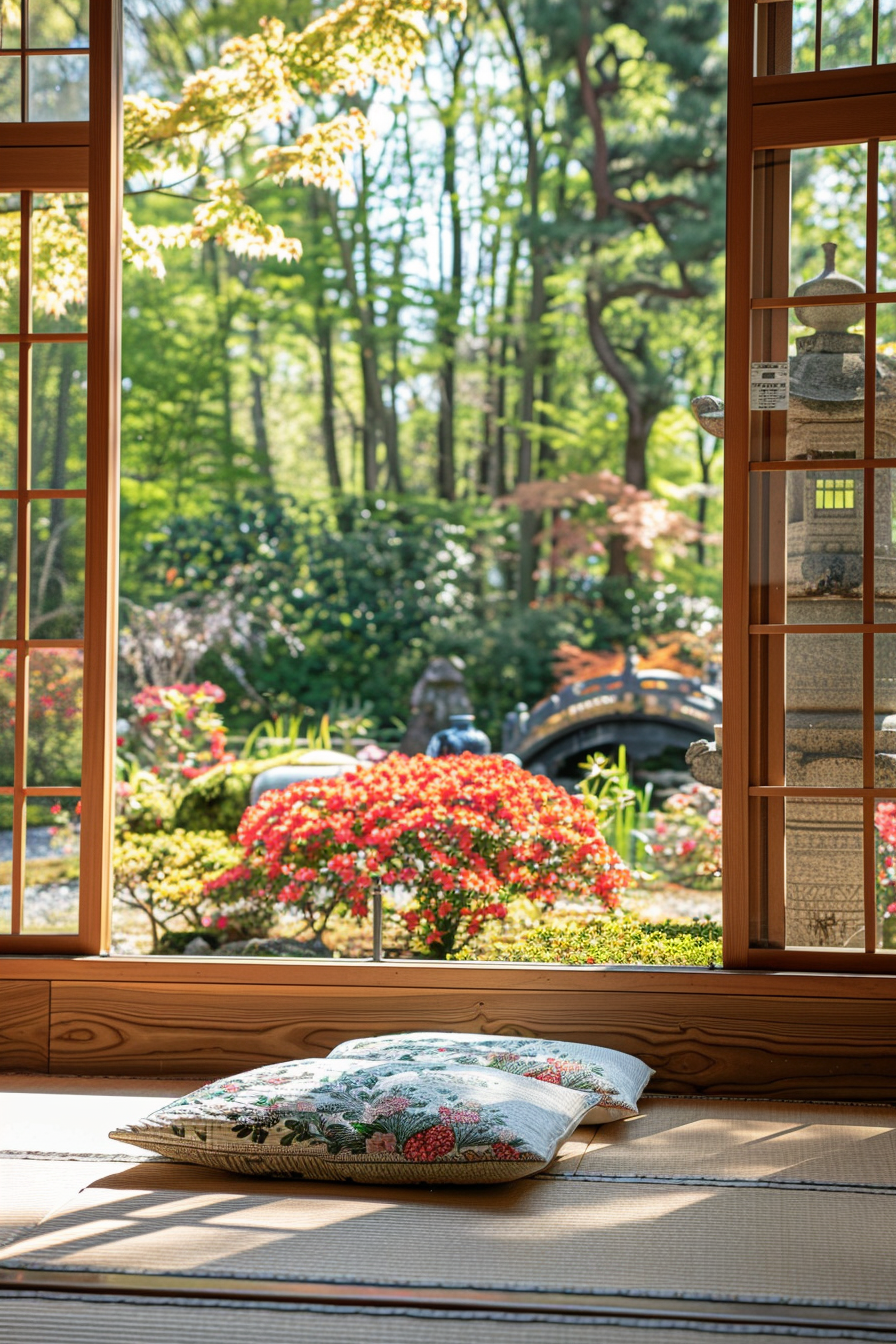 Japanese reading nook with large windows overlooking a garden with azaleas