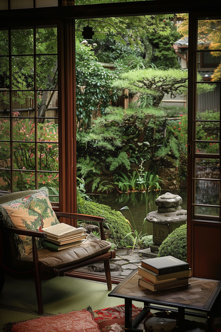 Japanese reading nook with large windows overlooking a garden with azaleas
