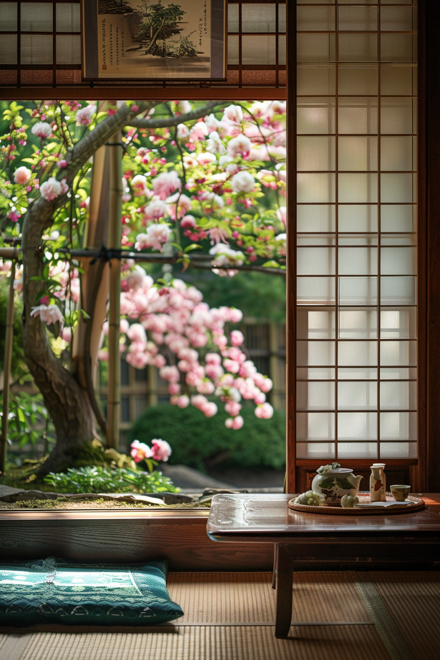 Japanese reading nook with a tokonoma alcove and a view of peonies in the garden