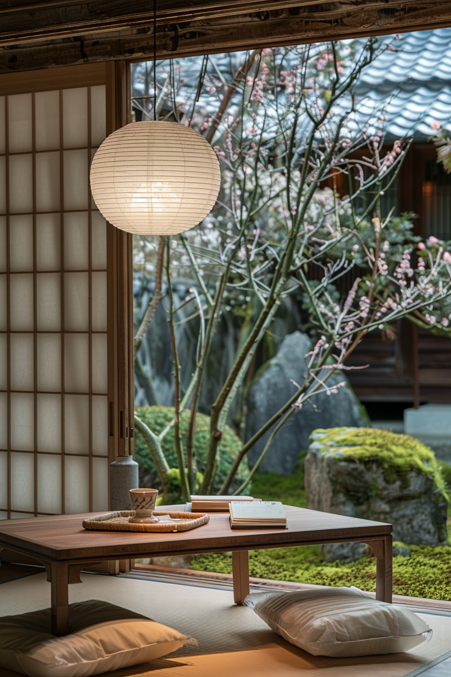 Japanese reading nook with wood furnishings and a view of plum blossoms