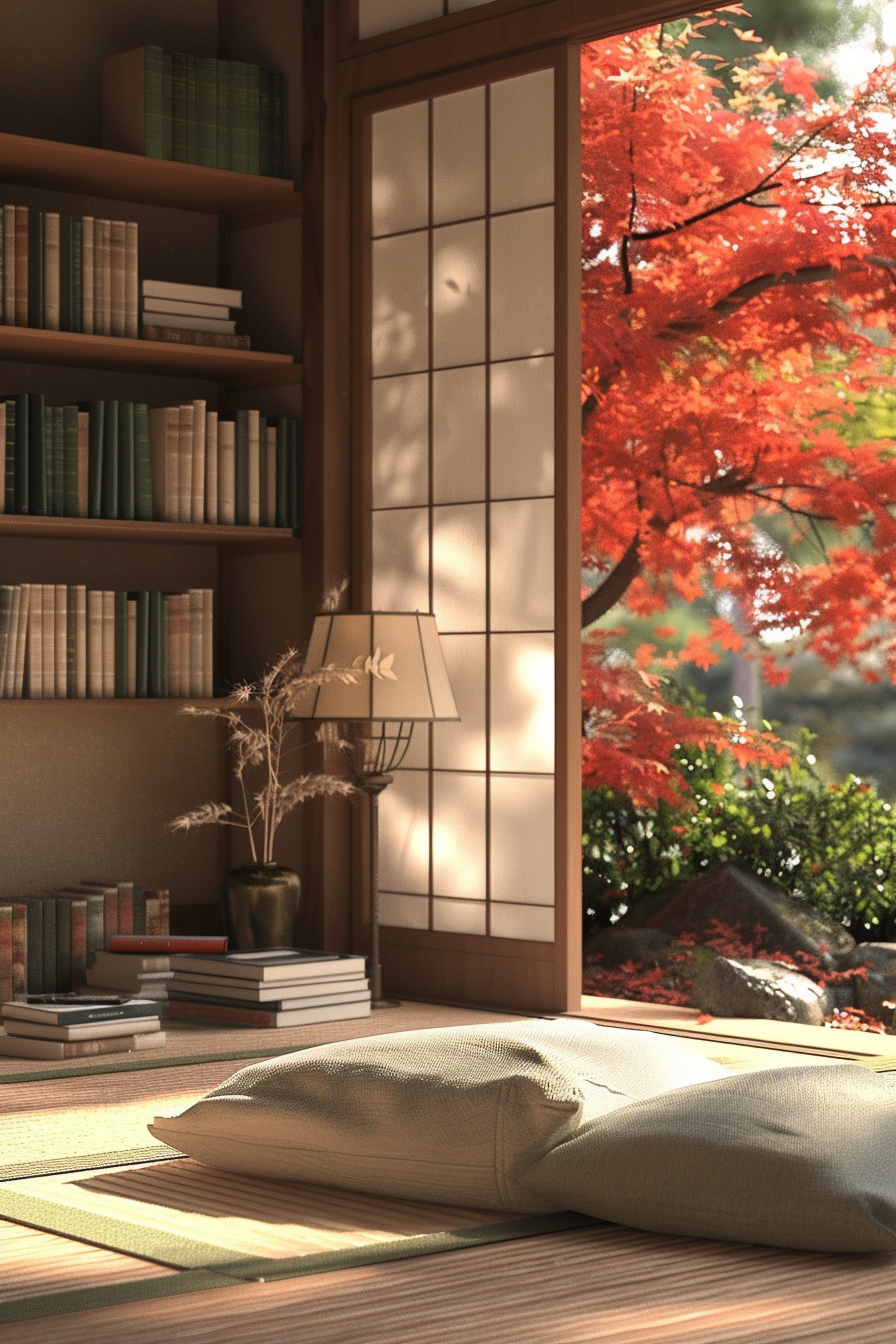 Japanese reading nook with muted tones and a view of a Japanese maple tree