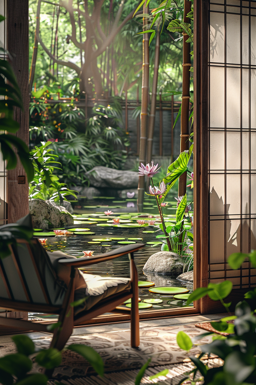Japanese reading nook with a view of a garden pond and water lilies