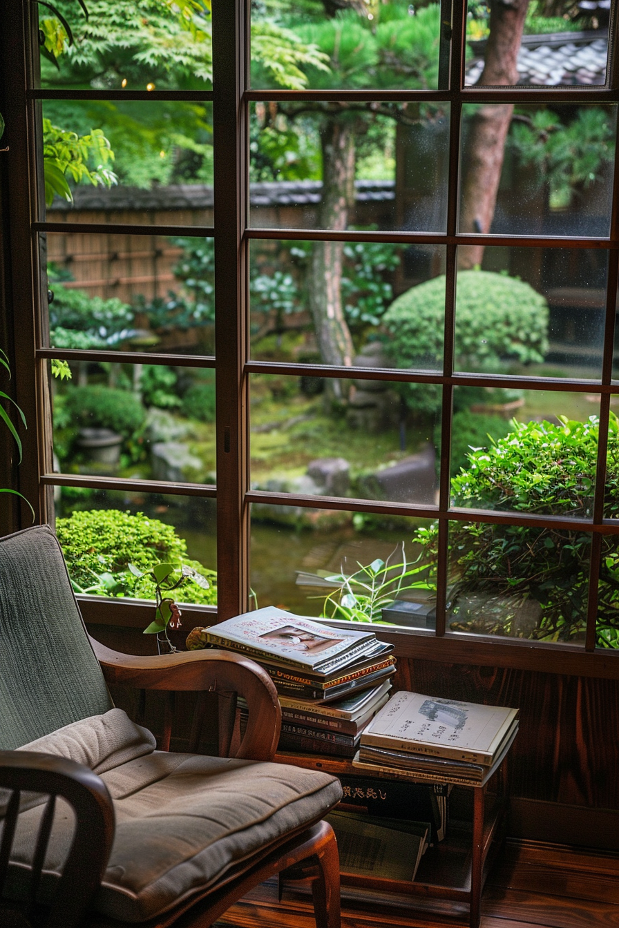 Japanese reading nook with a view of a garden pond and water lilies