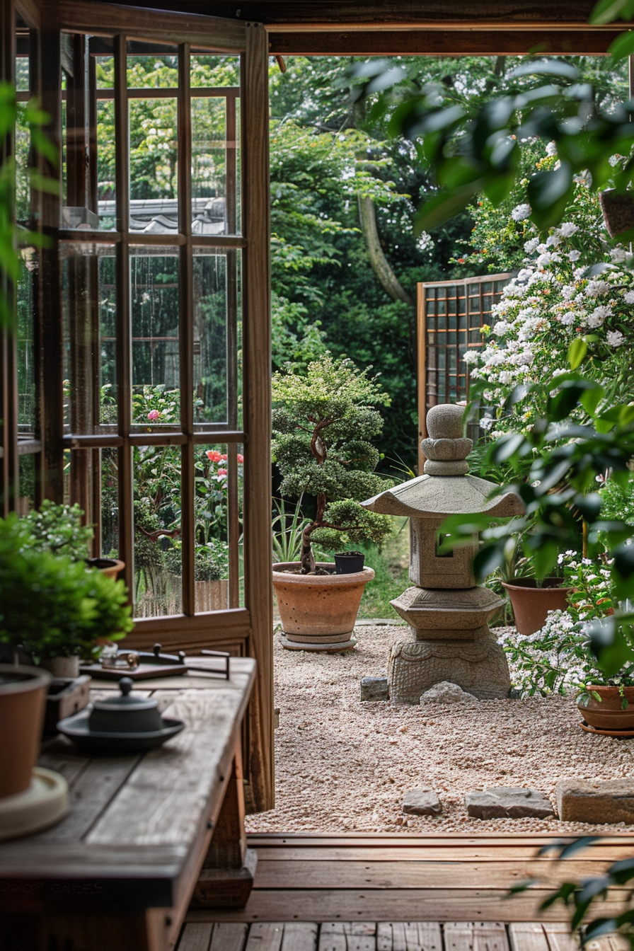 Japanese reading nook with bonsai trees and a view of camellias in the garden