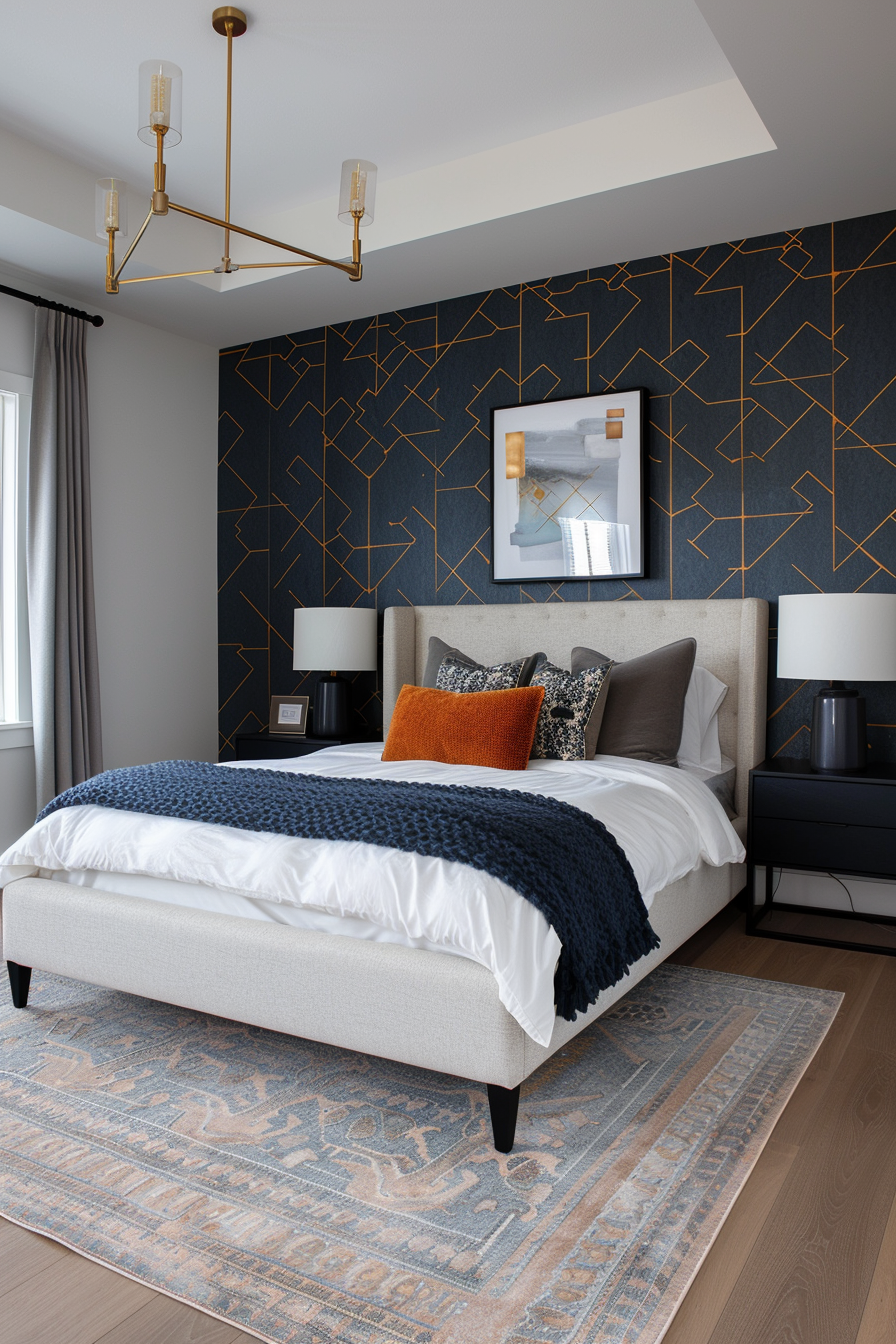 Master bedroom with bold geometric wallpaper behind the bed