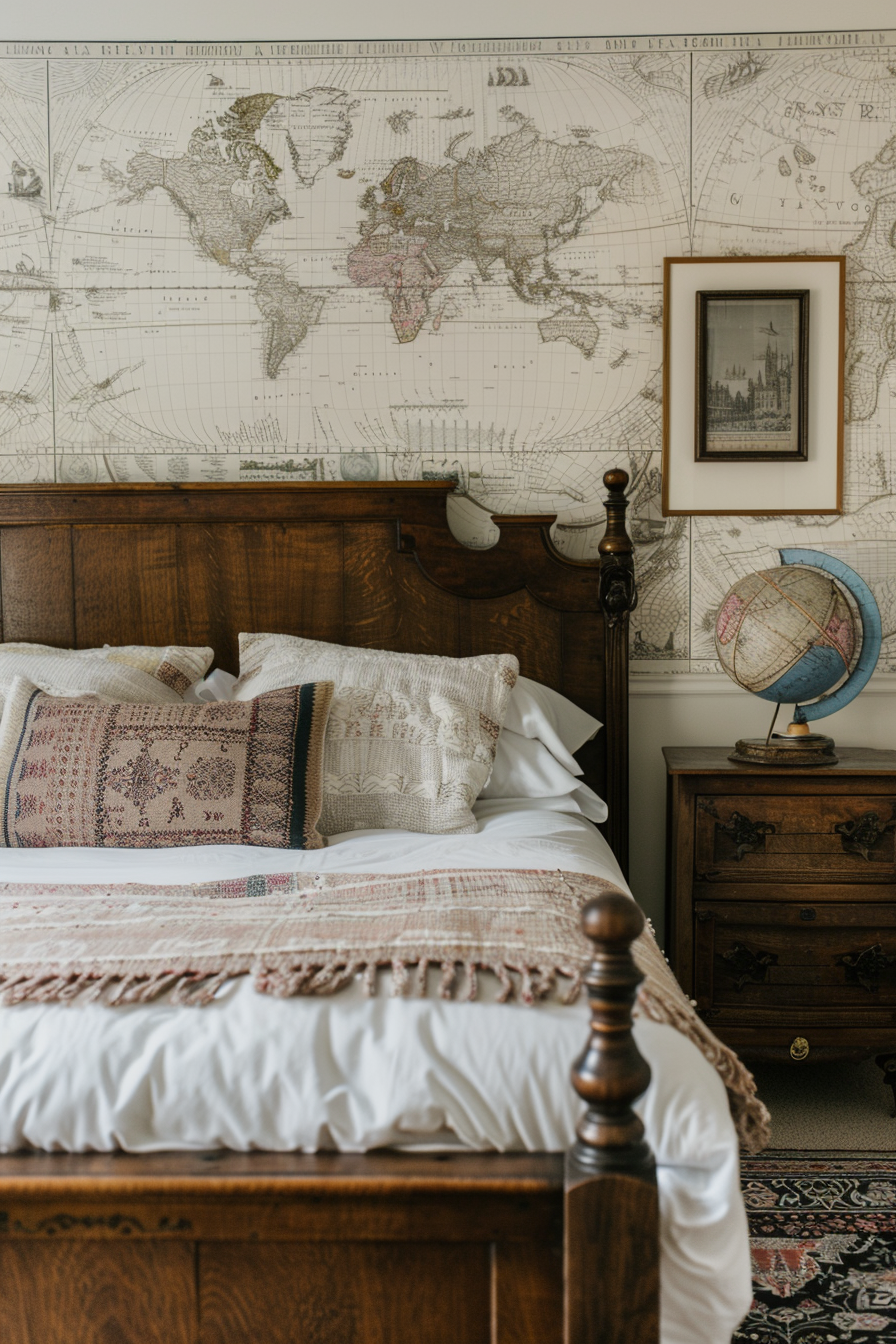 Master bedroom with wall covered in vintage map wallpaper