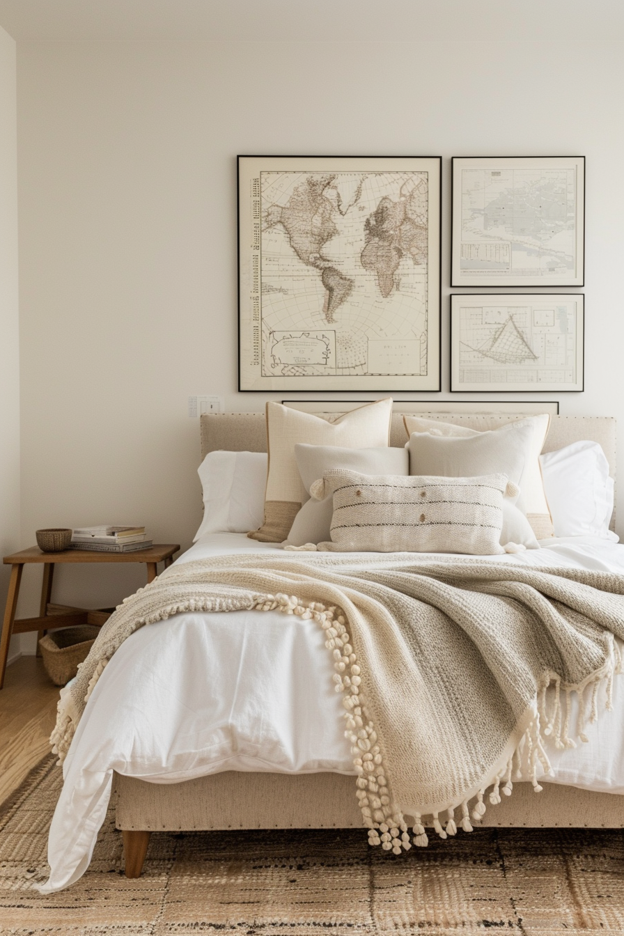 Master bedroom with framed vintage maps arranged in a grid pattern