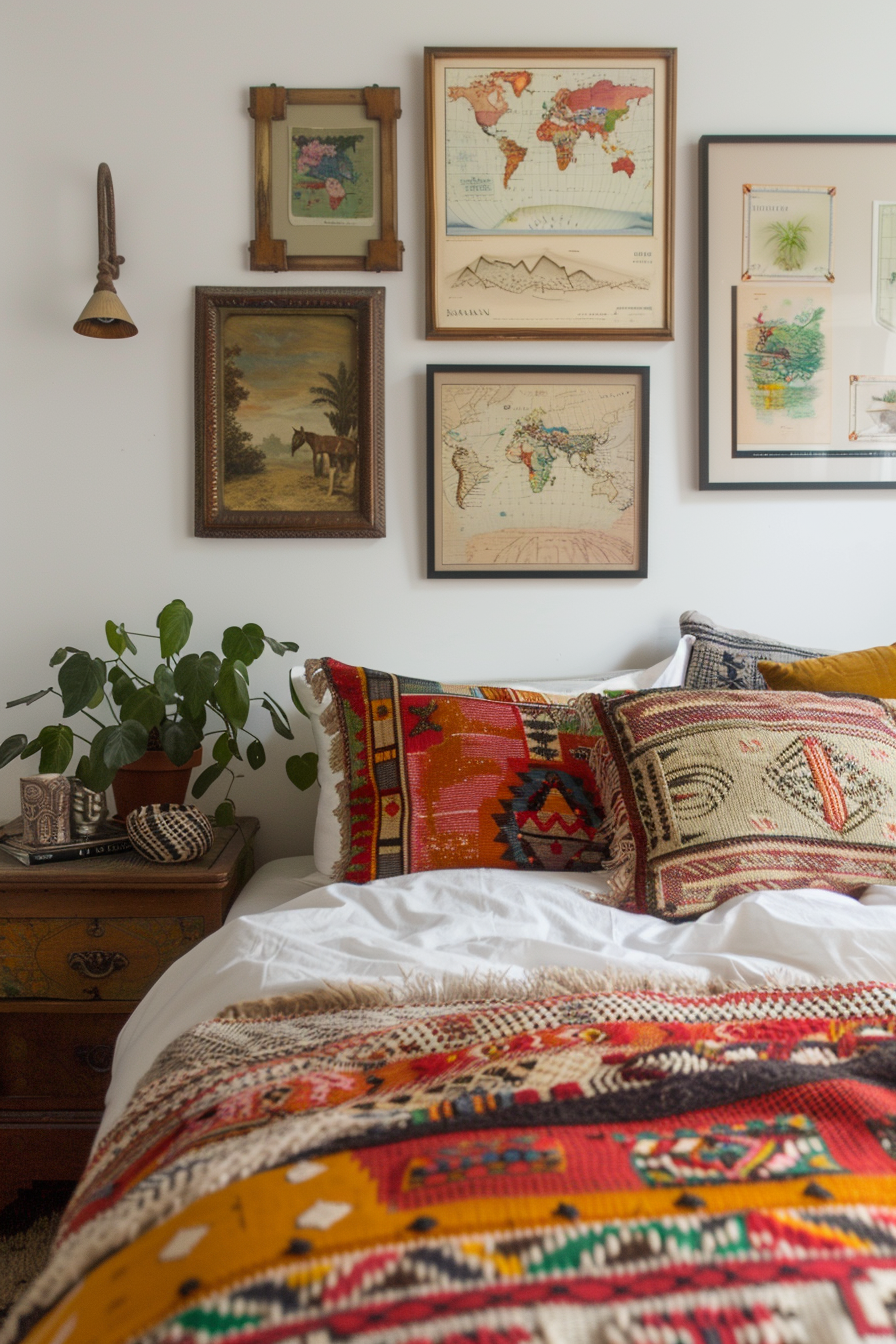 Eclectic master bedroom with vintage maps and bohemian decor