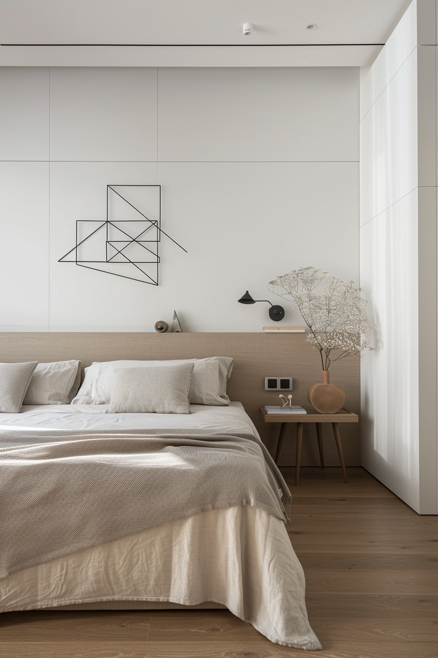 Master bedroom with sleek geometric metal wall sculpture