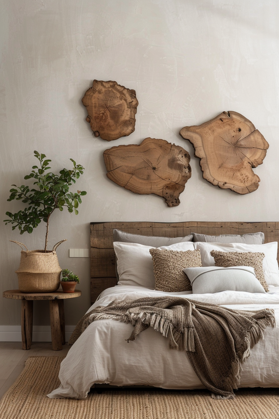 Cozy master bedroom with series of organic wooden wall sculptures