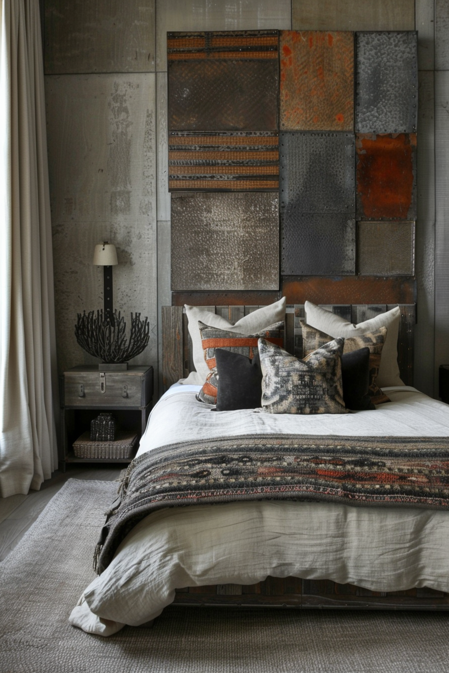 Eclectic master bedroom with mixed-material wall sculpture