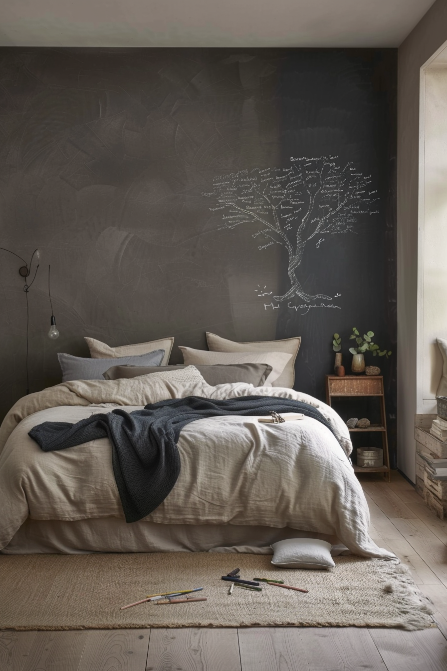 Master bedroom with large chalkboard wall featuring quotes and drawings