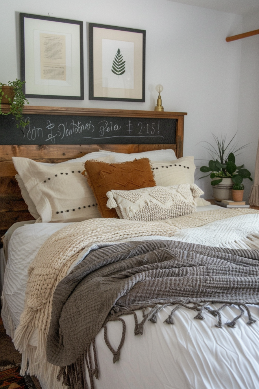 Cozy master bedroom with chalkboard section above the headboard