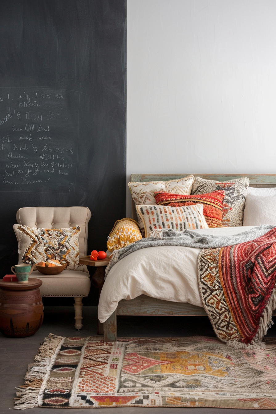 Eclectic master bedroom with chalkboard wall for doodling and notes