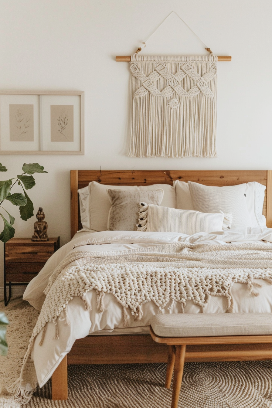 Master bedroom with large woven macrame wall hanging