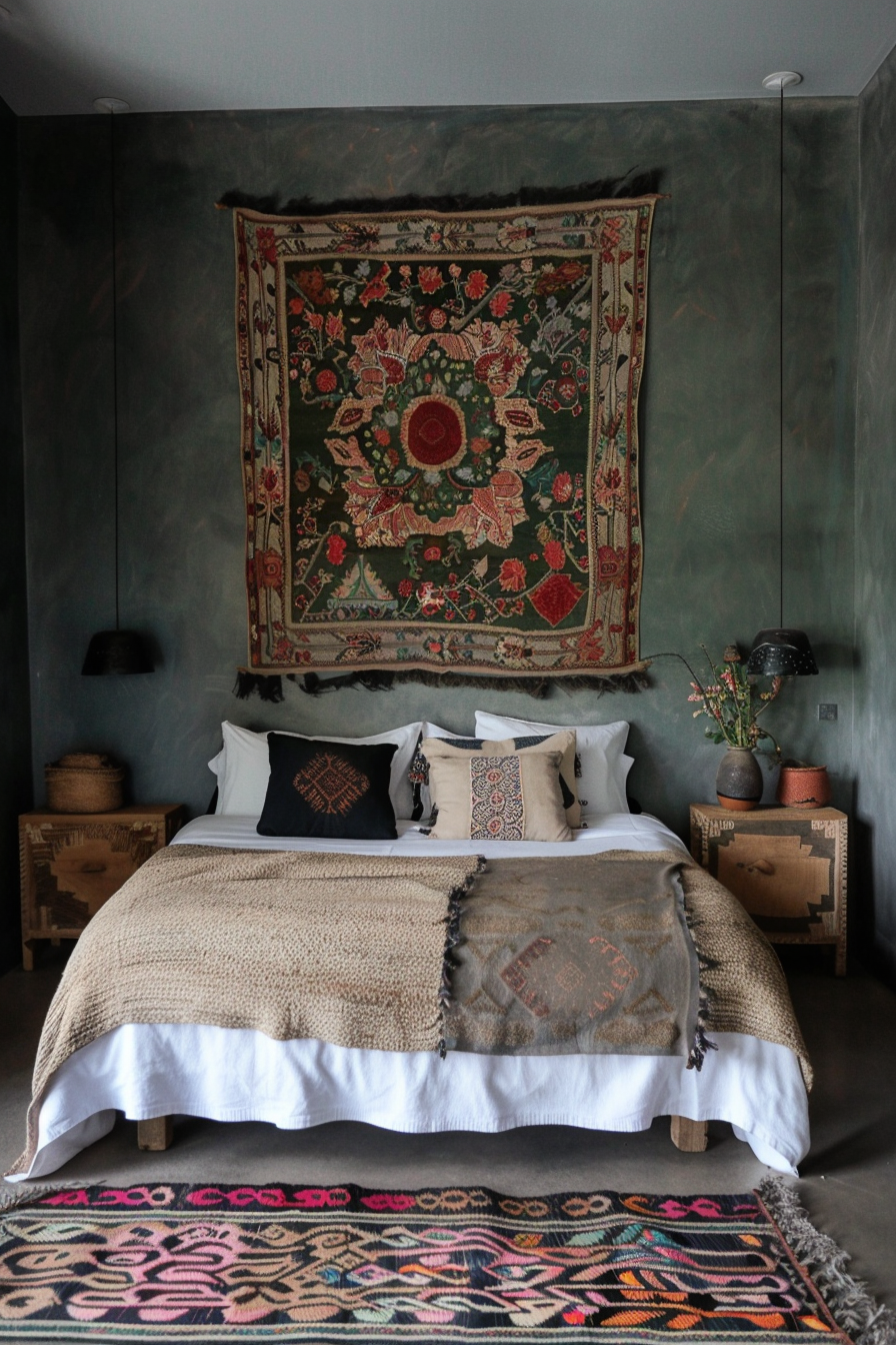 Cozy master bedroom with intricate tapestry in bold colors