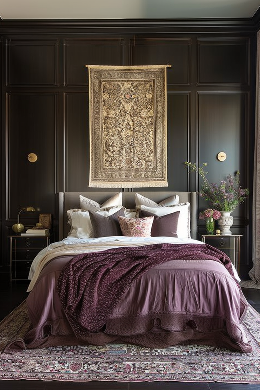 Elegant master bedroom with silk wall hanging in a deep hue