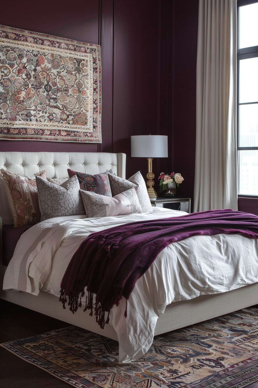 Elegant master bedroom with silk wall hanging in a deep hue
