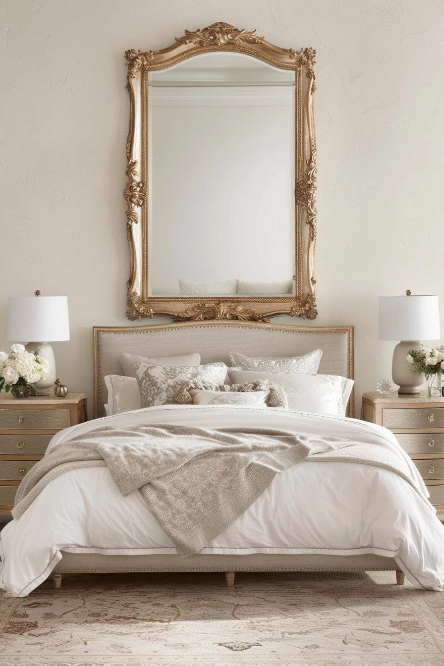 Master bedroom with large gilded mirror above the bed