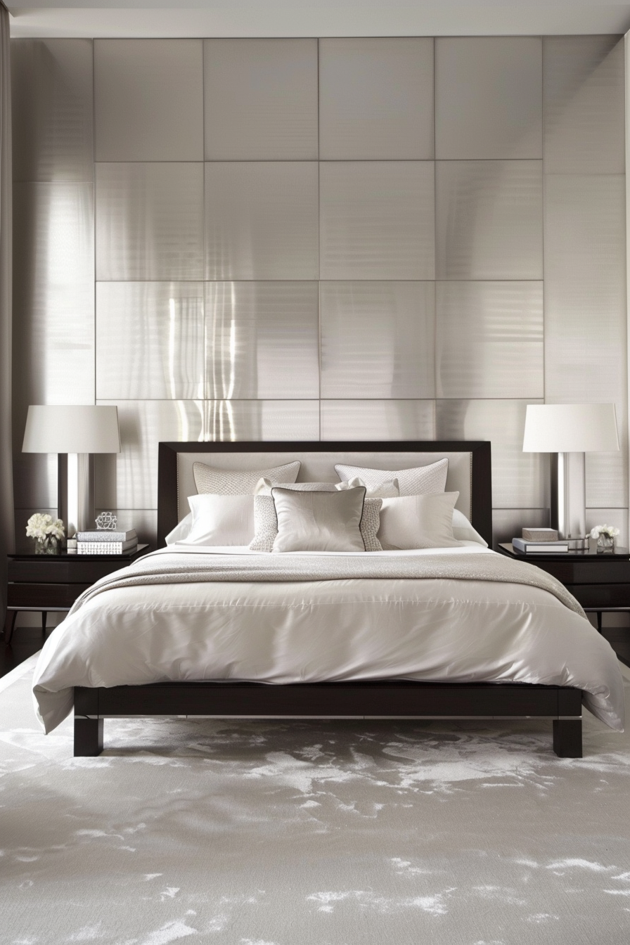 Stylish master bedroom with silver wall panels as feature wall