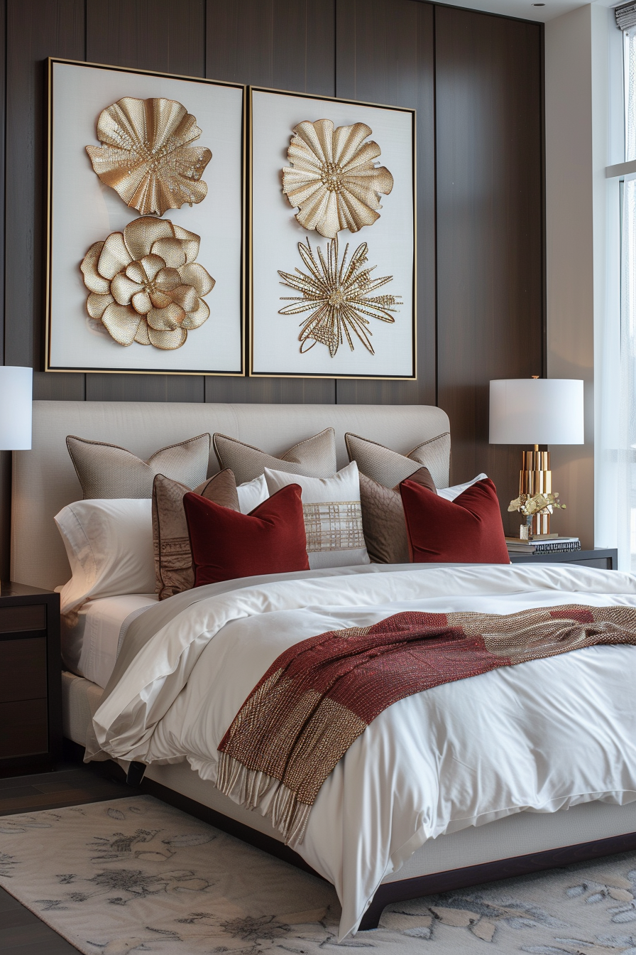 Elegant master bedroom with metallic wall sculptures in gold and brass