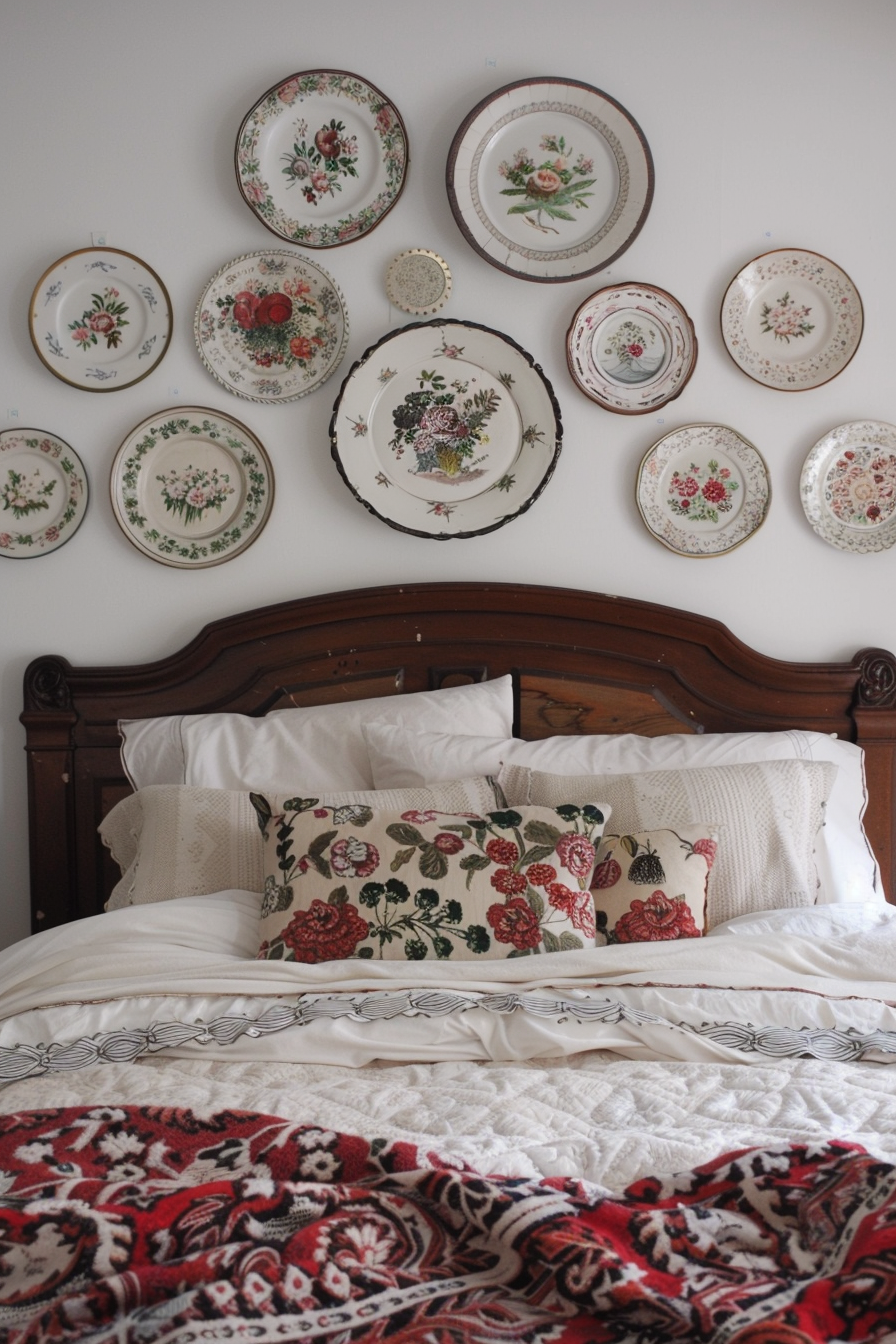 Master bedroom with collection of vintage floral plates above the bed