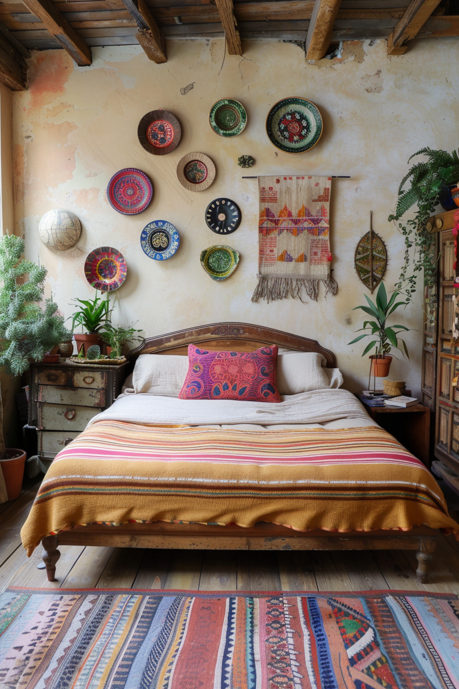 Cozy master bedroom with eclectic collage of colorful vintage plates
