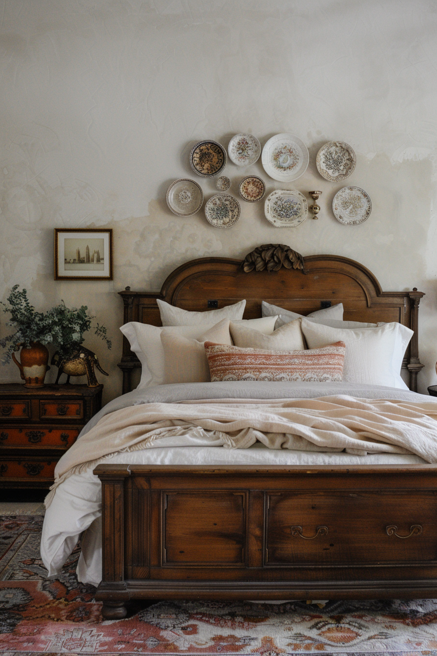 Elegant master bedroom with series of vintage plates and antique accessories